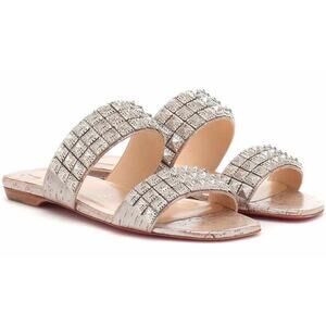 Christian Louboutin Myriadiam Flat Cork Silver Spike Slide Slip On Sandal 35.5